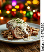 Oven-baked meat roll with mushrooms, topped with white sauce. Enjoy your meal! Стоковое AI-изображение, AI-художник Сергей Елизарьев / Фотобанк Лори