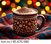All over the world, December 13 is celebrated as World Hot Cocoa Day. This delicious drink is loved for its thick, rich taste and is valued for its wealth of useful microelements. Стоковое AI-изображение, AI-художник Сергей Елизарьев / Фотобанк Лори