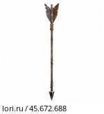 Old wooden arrow with metal tip and feather fletching isolated on white background. Стоковое AI-изображение, AI-художник Иван Рябоконь / Фотобанк Лори