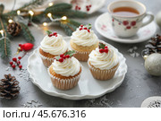 Festive Cupcakes topped with icing and holly decorations, spruce branch and cranberries. Image for cafe menu, Banner. Christmas iced little cakes. Joyous holiday celebrations and gatherings. Cup cakes. Стоковое AI-изображение, AI-художник Марина Демидюк / Фотобанк Лори