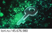 Digital key symbol floating in a green futuristic network with glowing connections, representing cybersecurity, encryption, and data protection. Стоковое AI-видео, аниматор Башкирова Анна / Фотобанк Лори