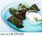 Grape rolls in leaves at plate with sour cream, dish of Bulgarian cuisine. Стоковое фото, фотограф Яков Филимонов / Фотобанк Лори