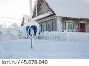 Nowy, frosty winter in a Russian village. A hoarfrosted telephone on the street. Стоковое фото, фотограф Андреева Тамара Викторовна / Фотобанк Лори