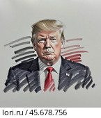 Портрет Дональда Трампа президента Соединенных Штатов Америки. Эскиз. Набросок. Иллюстрация. Portrait of Donald Trump, President of the United States of America. Sketch. Illustration. Редакционное AI-изображение, AI-художник Гер Олег / Фотобанк Лори