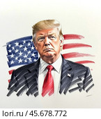 Портрет Дональда Трампа президента Соединенных Штатов Америки. Эскиз. Набросок. Иллюстрация. Portrait of Donald Trump, President of the United States of America. Sketch. Illustration. Редакционное AI-изображение, AI-художник Гер Олег / Фотобанк Лори