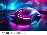 Modern gaming mouse with rgb lighting on dark background. Стоковое AI-изображение, AI-художник Иван Рябоконь / Фотобанк Лори