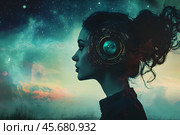 A woman in headphones gazes dreamily into the cosmos. Стоковое AI-изображение, AI-художник Андрей Знаменский / Фотобанк Лори