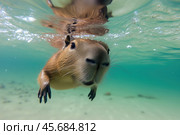 Capybara (Hydrochoerus hydrochaeris) swimming underwater. Стоковое AI-изображение, AI-художник Евгений Харитонов / Фотобанк Лори