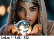 Gypsy fortune teller predicts fate by looking into a crystal ball. Стоковое AI-изображение, AI-художник Евгений Харитонов / Фотобанк Лори