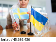 Female office coordinator setting flags of Ukraine and Sweden on table. Стоковое фото, фотограф Яков Филимонов / Фотобанк Лори
