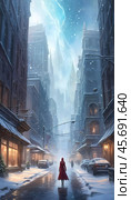 A snowstorm covers a charming city street as the evening sky glows with warm hues. Snowflakes drift softly to the ground, blanketing a tranquil winter scene. Generative AI. Стоковое AI-изображение, AI-художник Юлия Петровская / Фотобанк Лори