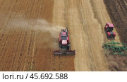 Aerial view of combine on harvest field. Стоковое видео, видеограф Михаил Коханчиков / Фотобанк Лори