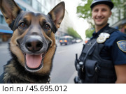 Funny police dog with policeman in the background on city street. Стоковое AI-изображение, AI-художник Евгений Харитонов / Фотобанк Лори