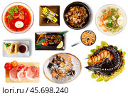 Set of many plates with food over white background. Стоковое фото, фотограф Яков Филимонов / Фотобанк Лори