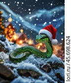 Green snake, symbol of 2025 according to the Eastern calendar, in a red New Year's cap. The snake symbolizes wisdom, vitality, immortality and healing powers. Festive New Year's atmosphere. Стоковое AI-изображение, AI-художник Сергей Елизарьев / Фотобанк Лори