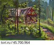 Wooden hut in the forest. Oil painting on canvas by artist Inna Prityazhnyuk. Стоковая иллюстрация, иллюстратор Сергей Пристяжнюк (Serg Zastavkin) / Фотобанк Лори