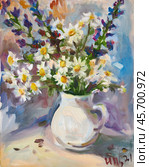 Wildflowers in a white jug. Oil painting on canvas by artist Inna Pristyazhnyuk. Стоковая иллюстрация, иллюстратор Сергей Пристяжнюк (Serg Zastavkin) / Фотобанк Лори