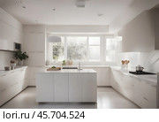 A modern kitchen with a minimalist design featuring pale gray cabinets, a light wooden floor, and marble backsplash. The clean lines and uncluttered surfaces, along with subtle lighting, give the space a serene and sophisticated atmosphere. Стоковое AI-изображение, AI-художник Ирина Старикова / Фотобанк Лори