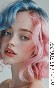 Colorful hair transformation: vibrant waves and freckles in captivating portrait. Стоковое AI-видео, аниматор Sabyna75 / Фотобанк Лори