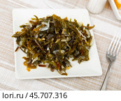 Pickled kelp salad with chopped onions on plate. Стоковое фото, фотограф Яков Филимонов / Фотобанк Лори