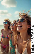 A group of friends smiles and laughs as they soak up the sun by the ocean, creating unforgettable memories during their summer travel adventure. Generative AI. Стоковое AI-изображение, AI-художник Юлия Петровская / Фотобанк Лори