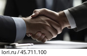 Business professionals engaging in a formal handshake during a meeting to finalize an agreement. Стоковое AI-изображение, AI-художник Сергей Толмачёв / Фотобанк Лори