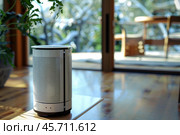 Modern smart home air purifier purifying the air in a living room. Стоковое AI-изображение, AI-художник Иван Рябоконь / Фотобанк Лори