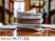 Stack of folders overflowing with paperwork sitting on desk. Стоковое AI-изображение, AI-художник Иван Рябоконь / Фотобанк Лори