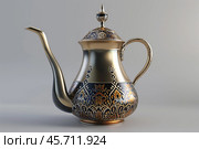 Elegant arabian dallah coffee pot standing on white background. Стоковое AI-изображение, AI-художник Иван Рябоконь / Фотобанк Лори