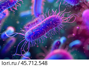 Microscopic view of bacteria spreading infection through bloodstream. Стоковое AI-изображение, AI-художник Иван Рябоконь / Фотобанк Лори