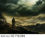 Jesus calming the storm on the Sea of Galilee during a tempestuous evening. Стоковое AI-изображение, AI-художник Ксения Лаптева / Фотобанк Лори