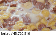 Breakfast Chocolate corn cereal in a bowl with milk. Стоковое видео, видеограф Андрей Армягов / Фотобанк Лори