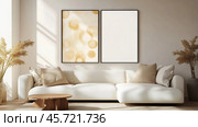Interior design with minimalist decor featuring a cozy white sofa and two wall art pieces in a sunlit living room. Стоковое AI-изображение, AI-художник Сергей Толмачёв / Фотобанк Лори