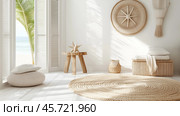 Natural light fills a serene coastal room with woven decor and a beachy atmosphere by the sea. Стоковое AI-изображение, AI-художник Сергей Толмачёв / Фотобанк Лори