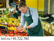 Male seller of vegetable department of store replenishing showcase with tomato, put ones on showcase. Стоковое фото, фотограф Яков Филимонов / Фотобанк Лори