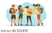 Four travelers enjoy exploring new places with backpacks while discussing their adventure plans near a world map. Стоковое AI-изображение, AI-художник Сергей Толмачёв / Фотобанк Лори