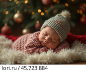 A cozy newborn sleeps peacefully in a knitted outfit with a festive cap, surrounded by holiday decorations and soft textures. Стоковое AI-изображение, AI-художник Sergey Grishin / Фотобанк Лори