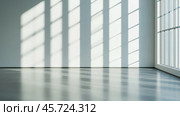 Bright room with slanted shadows from large windows during daytime. Стоковое AI-изображение, AI-художник Сергей Толмачёв / Фотобанк Лори