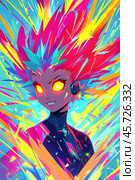 Superhero girl with glowing eyes and colorful hair exploding with energy. Стоковое AI-изображение, AI-художник Юрий Поздников / Фотобанк Лори