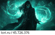 Powerful sorcerer conjuring magical green energy in a dark fantasy setting. Стоковое AI-изображение, AI-художник Юрий Поздников / Фотобанк Лори