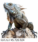 Majestic green iguana posing on rock, isolated on white background. Стоковое AI-изображение, AI-художник Иван Рябоконь / Фотобанк Лори