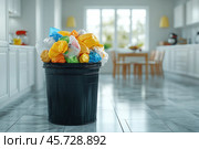 The photograph depicts an overflowing trash container in the kitchen, with garbage spilling onto the floor. A picture of disorder and unsanitary conditions. Стоковое AI-изображение, AI-художник Ярославский Максим / Фотобанк Лори