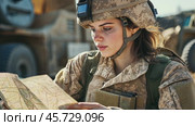 Soldier reading map during military operation near army truck. Стоковое AI-видео, аниматор Юрий Поздников / Фотобанк Лори