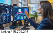 Financial analyst working with multiple computer screens showing charts and data. Стоковое AI-видео, аниматор Юрий Поздников / Фотобанк Лори
