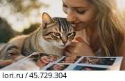 Girl showing printed photos to her lovely cat in a park. Стоковое AI-видео, аниматор Юрий Поздников / Фотобанк Лори
