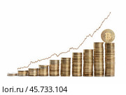 Bitcoin cryptocurrency value increasing depicted with graph and stacks of coins. Стоковое AI-изображение, AI-художник Иван Рябоконь / Фотобанк Лори