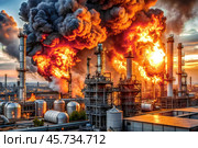 В результате теракта на нефтеперерабатывающем заводе произошли взрыв и пожар. Стоковое AI-изображение, AI-художник Александр Бушков / Фотобанк Лори