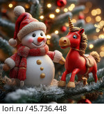 Snowman and red horse, symbol of 2026 according to the Eastern calendar. New Year's tree toy. Festive New Year's atmosphere. Стоковое AI-изображение, AI-художник Сергей Елизарьев / Фотобанк Лори