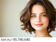Портрет, молодая красивая зеленоглазая девушка с милой улыбкой. Стоковое AI-изображение, AI-художник Щеголева Ольга / Фотобанк Лори
