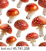 Fly agaric mushrooms seamless pattern on white background. Стоковое AI-изображение, AI-художник Иван Рябоконь / Фотобанк Лори